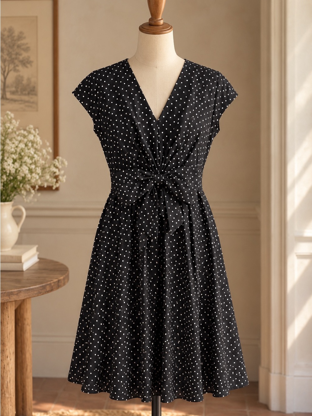 Kate Spade New York Black & White Polka Dot Bow Flare Dress Size 4